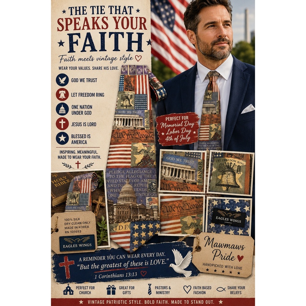 Eagles Wings Mens Silk Tie Patriotic Faith In God We Trust USA Flag Vintage 90s